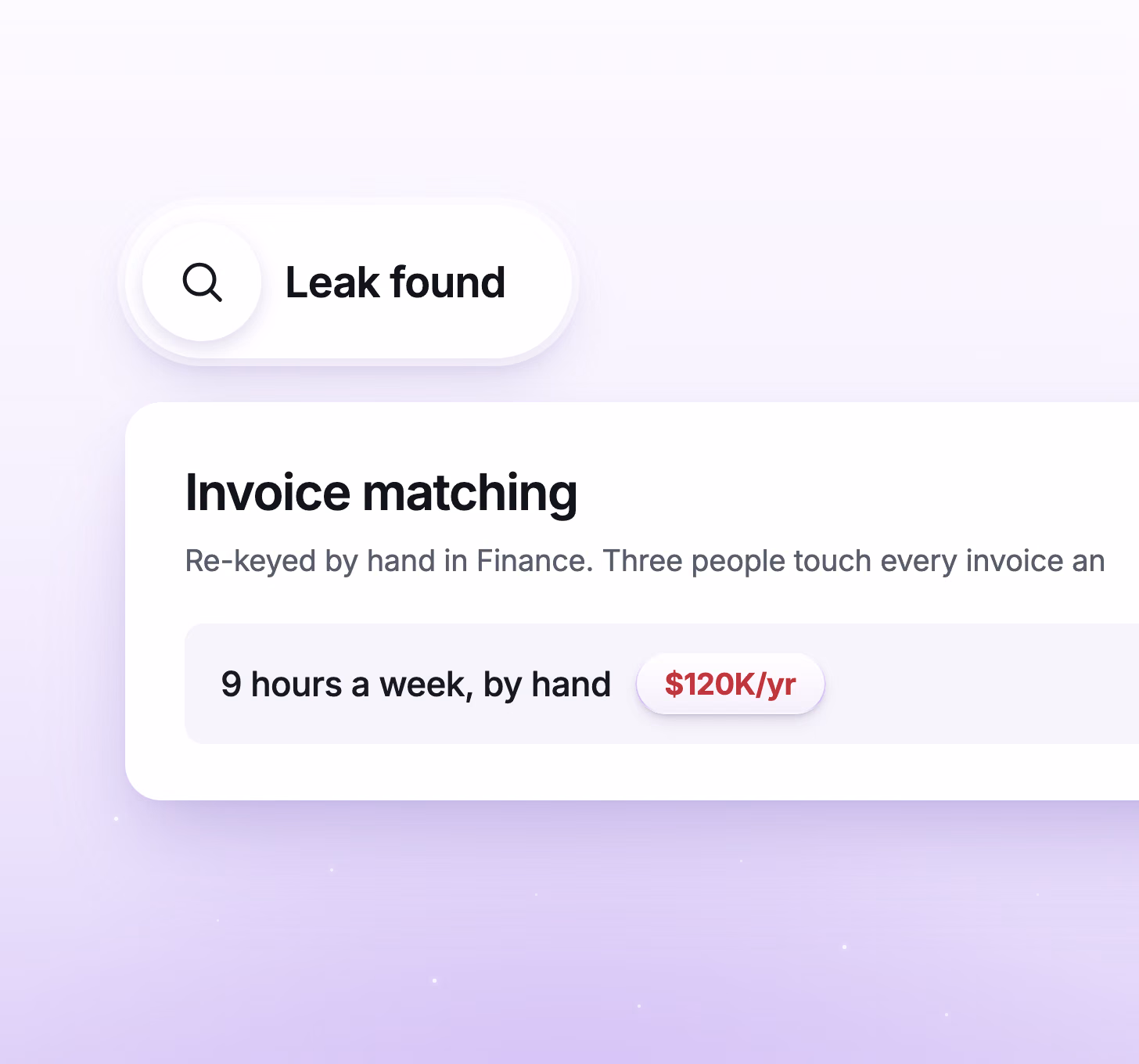 A finding card titled 'Invoice matching', re-keyed by hand in Finance, 9 hours a week, tagged $120K per year